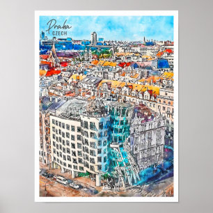 Praha Tschechisch Vintage-Reise Wasserfarbe Poster