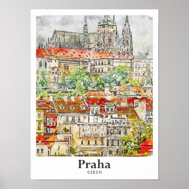 Praha Tschechische Kunst Reisen Wasserfarbe Handge Poster (Vorne)