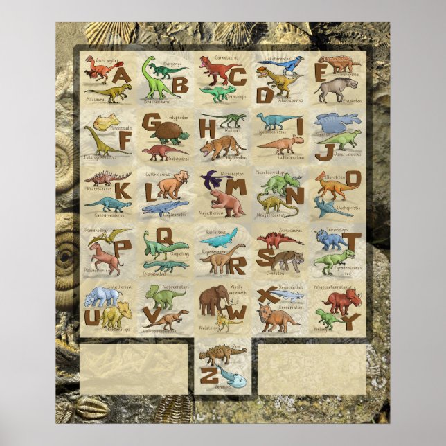 Prähistorische Tiere mit Dinosauriern Alphabet Poster (Vorne)