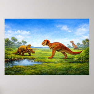Prähistorische Tyrannosaurus- und Triceratops-Dino Poster
