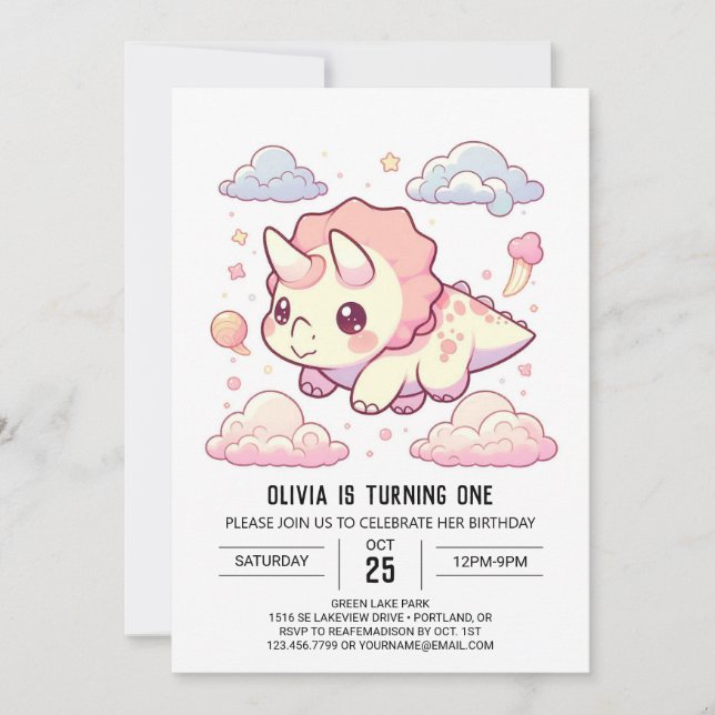 Prähistorischer Whimsical Dinosaurier 1. Geburtsta Einladung (Vorderseite)