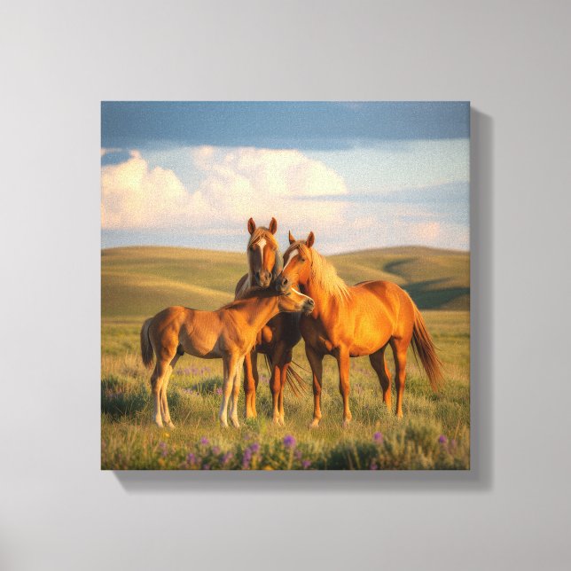 Prairie Family – Horses & Foal at Sunset Wall Art Leinwanddruck (Vorderseite)