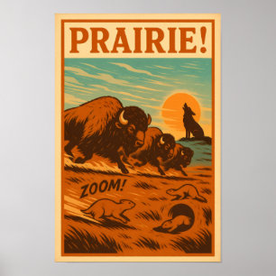 Prairie Stampede - Bison, Prairie Dogs Poster