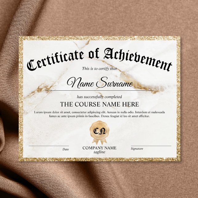 Prämienkurs für das Zertifikat (white marble with gold glitter border certificate of achievement)