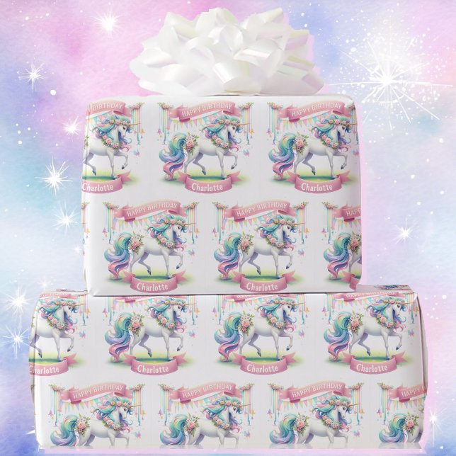 Prancing Unicorn personalisieren Mädchenname Gebur Geschenkpapier (Von Creator hochgeladen)