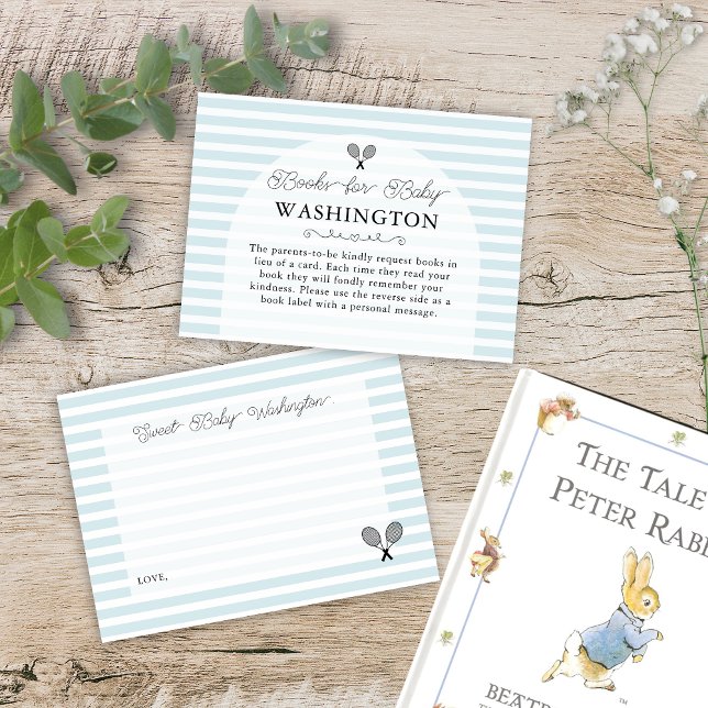 Präppy Blue Tennis Baby Showbuchanfrage Begleitkarte (Elegant baby blue books for baby book request cards for preppy chic country club baby shower events )