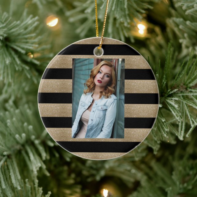 präppy geometrisches Muster schwarz-goldene Streif Keramik Ornament (Baum)