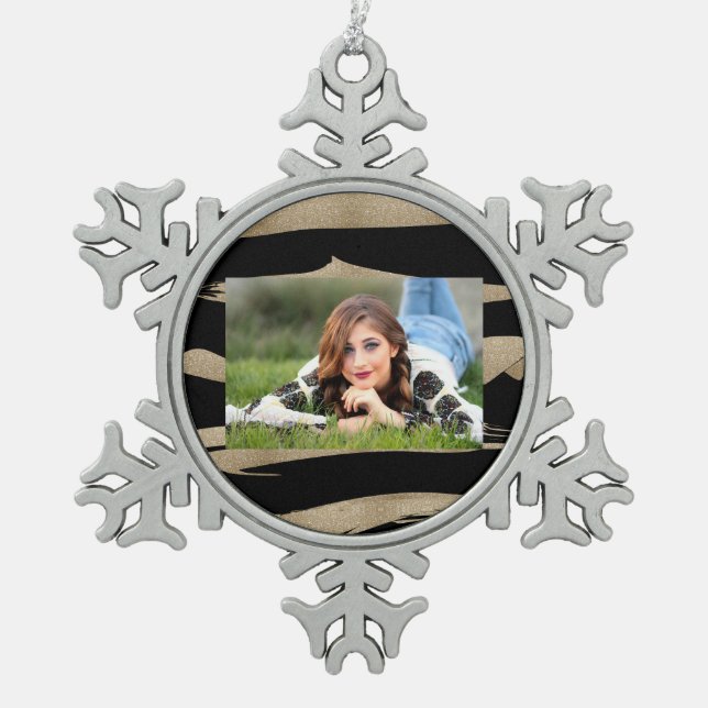 präppy geometrisches Muster schwarz-goldene Streif Schneeflocken Zinn-Ornament (Vorderseite)