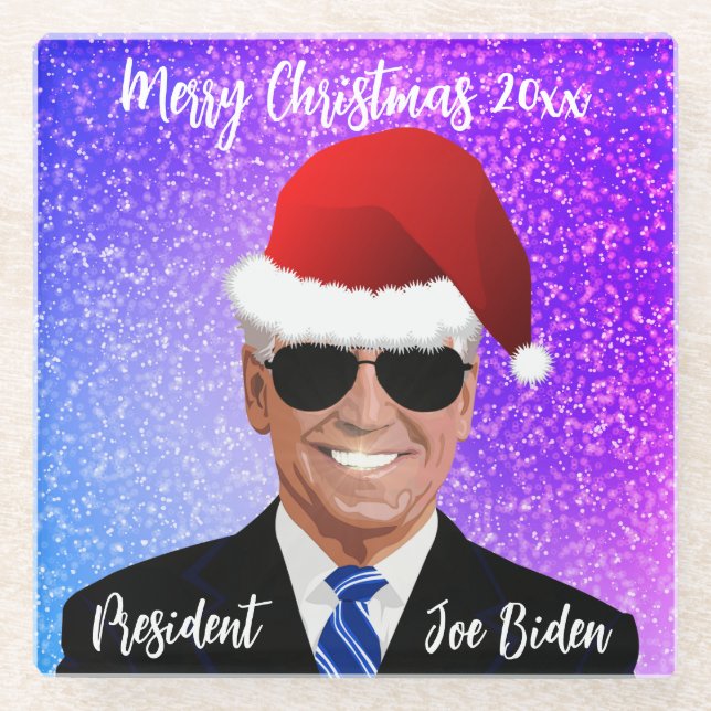 Präsident Joe Biden und Weihnachtsmannmütze Glasuntersetzer (Vorderseite)