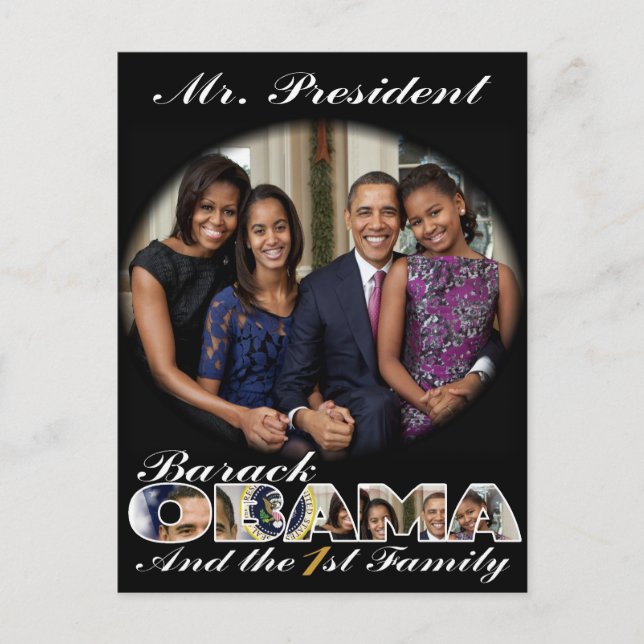 PRÄSIDENT OBAMA UND DIE ERSTE FAMILIE POSTKARTE (Vorderseite)