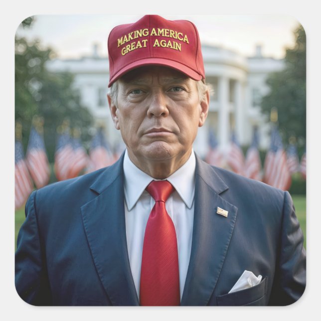 Präsident Trump mit einem Red MAGA Hat Quadratischer Aufkleber (Vorderseite)