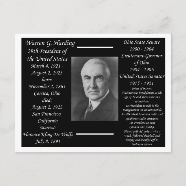 Präsident Warren G Harding Postkarte (Vorderseite)