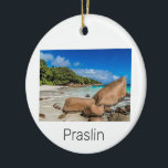 Praslin Seychelles Island Anse Lazio Beach Geschen Keramik Ornament<br><div class="desc">Praslin Seychelles Anse Lazio Strand Insel Design für Urlaub. Praslin Insel Seychelles Indischer Ozean Insel Vintage Souvenirs für Reisen auf La Digue und Anse Lazio. Praslin Strandkunst mit Kokosnuss für Mahe und Urlauber und Rucksacktouristen. Praslin Anse Lazio Strand auf den Seychellen im Indischen Ozean Retro Souvenir. Seychellen Design für Backpacker...</div>