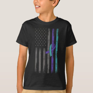 Präventionsbewusstsein Türkis Lila Band USA-Flagge T-Shirt
