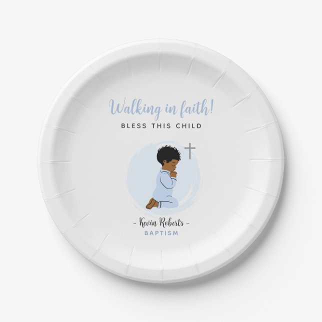 Praying Baby Boy Blue Baptism Party Paper Plates Pappteller (Vorderseite)