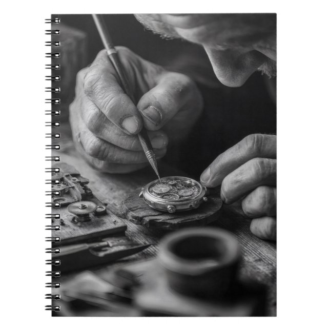 Präzise Hände Schwarz-weißer Watchmaker-Notebook Notizblock (Vorderseite)