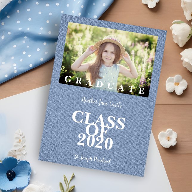 Pre-K Graduation Simple Photo Blue Textile Texture (Rustic Linen Effect Elegant Blue Grad Photo Announcement Card.)