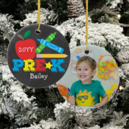 Pre-K Pre-school Apple Crayons Chalkboard Foto Keramik Ornament