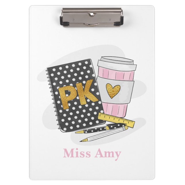 Pre K Teacher Custom Black Book Preppy Coffee Klemmbrett (Vorderseite)