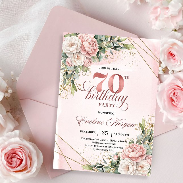 Precious Light Pink Bohemian Floral 70th Birthday  Einladung (Precious Light Pink Bohemian Floral 70th Birthday Invitation)