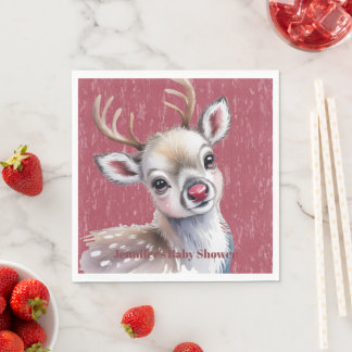 Precious White Reindeer Red Shiny Nose Birthday Serviette