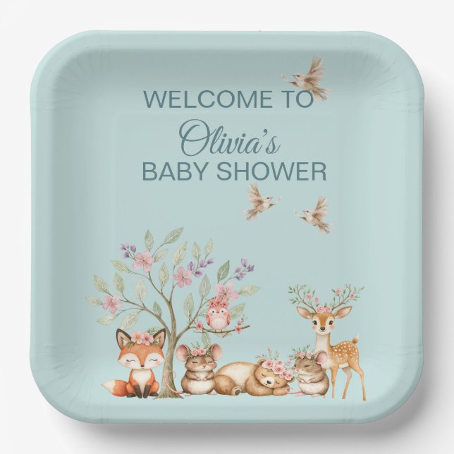 Precious Woodland Animals - Welcome to Baby Shower Pappteller (Vorderseite)
