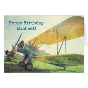 "Preflight" Biplane Airplane Happy Birthday Card