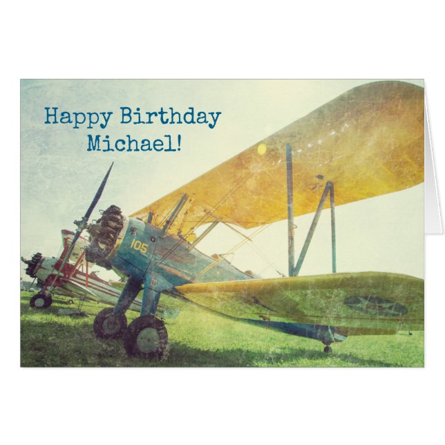"Preflight" Biplane Airplane Happy Birthday Card (Vorderseite (Horizontal))