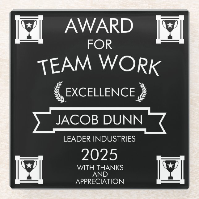 Preis für die Arbeit des Unternehmensteams Glasuntersetzer (Vorderseite)