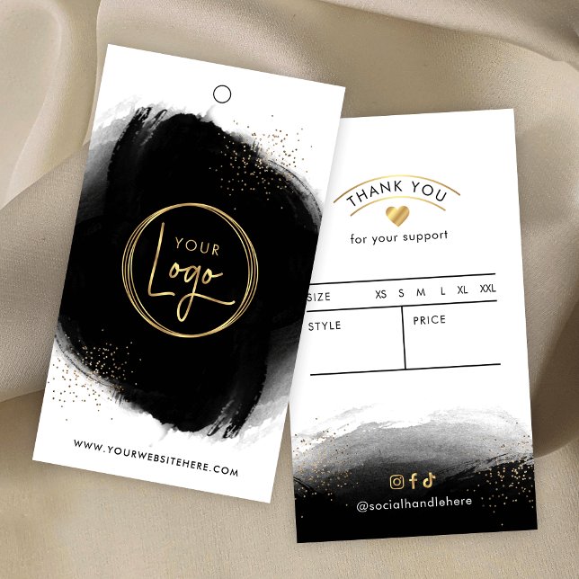 Preis für die Bekleidung mit dem neuen Black & Gol (Elegant black watercolor and gold glitter effects clothing boutique hang tag with your logo)