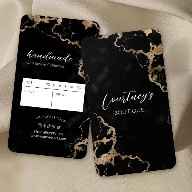 Preis für die Swing-Markierung für schwarze und go (Elegant black marble and faux gold product hang tags with price and size table on the back)