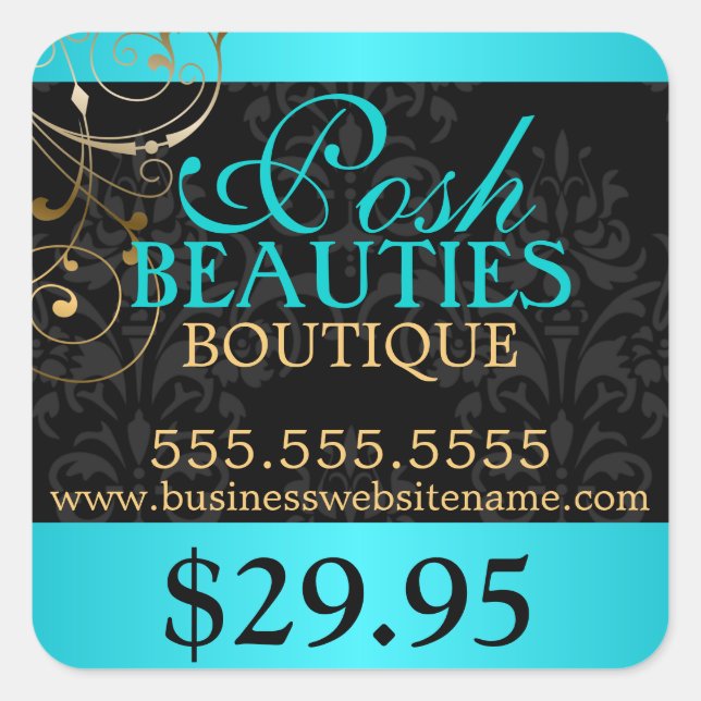 Preis für elegante Damask- und Gold-Wirbel Quadratischer Aufkleber (Vorderseite)
