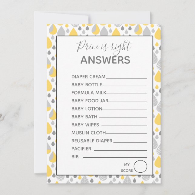Preis ist richtig Spiele Baby Dusche grau/gelb Einladung (Vorderseite)