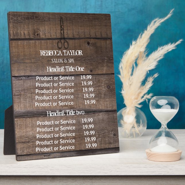 Preise/Service-Plaque für rustikale Holzschere Fotoplatte (Seite)