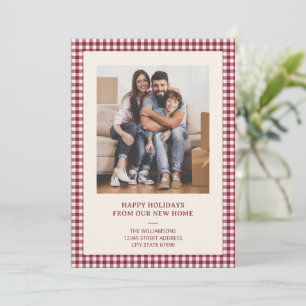 Preiselbeer-Gingham-Neue-Hausadresse-Weihnachtsfot Feiertagskarte