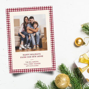 Preiselbeer-Gingham-Neue-Hausadresse-Weihnachtsfot Feiertagskarte
