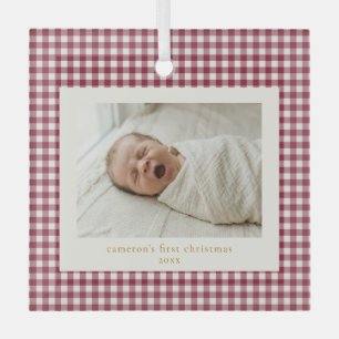 Preiselbeer-Rot Gingham Individueller erster Weihn Ornament Aus Glas