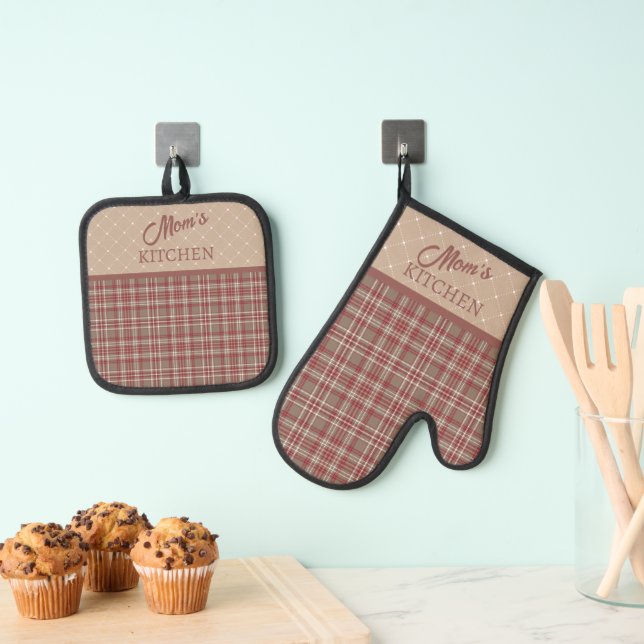 Preiselbeerrot, Weiß und Hellbraun  Ofenhandschuh & Topflappen-Set (Insitu (Hängend))