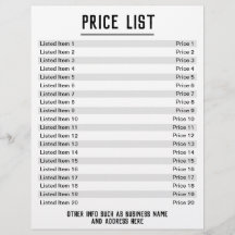Preisliste. Bis zu 20 Artikel & Preise. Single