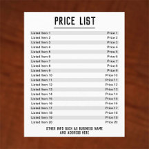 Preisliste. Bis zu 40 Artikel & Preise. Doppelseit
