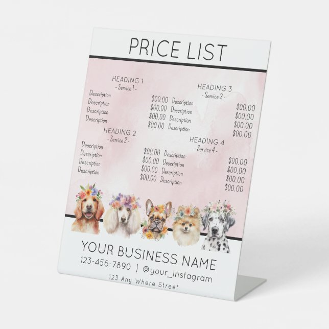 Preisliste der Blume für den Hundegrooming Sockelschild (Vorderseite)