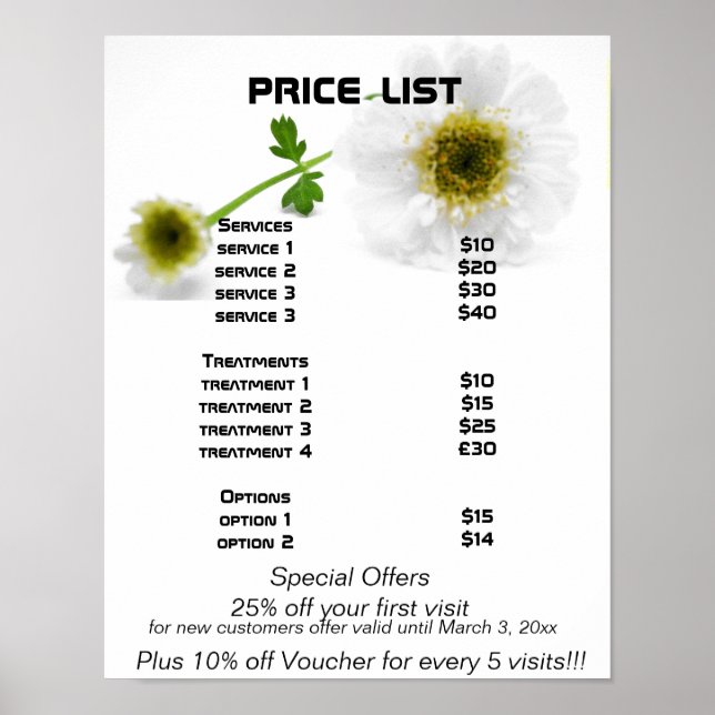 Preisliste der weißen Blume Reiki zen Poster (Vorne)