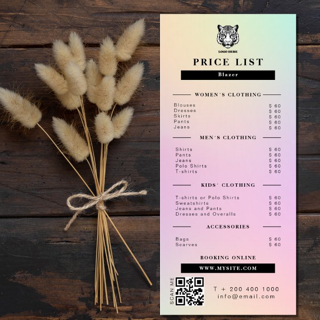 Preisliste des Bekleidungslagers Rosa Holografisch Werbekarte (Clothing Store Price List Pink Holographic Rack Card)