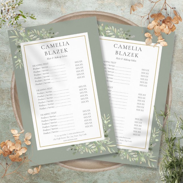 Preisliste des Foliage Green 2 Side Service Menu Flyer (Foliage Sage Green 2 Sided Service Menu Price List Flyer)