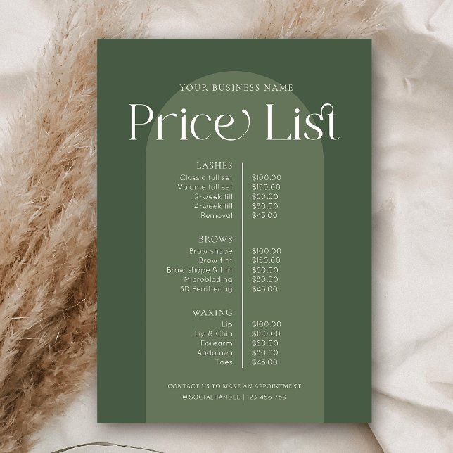 Preisliste des Salons des modernen Boho Sage Green (Trendy Boho Price List in Sage Green with modern display fonts and elegant layout)