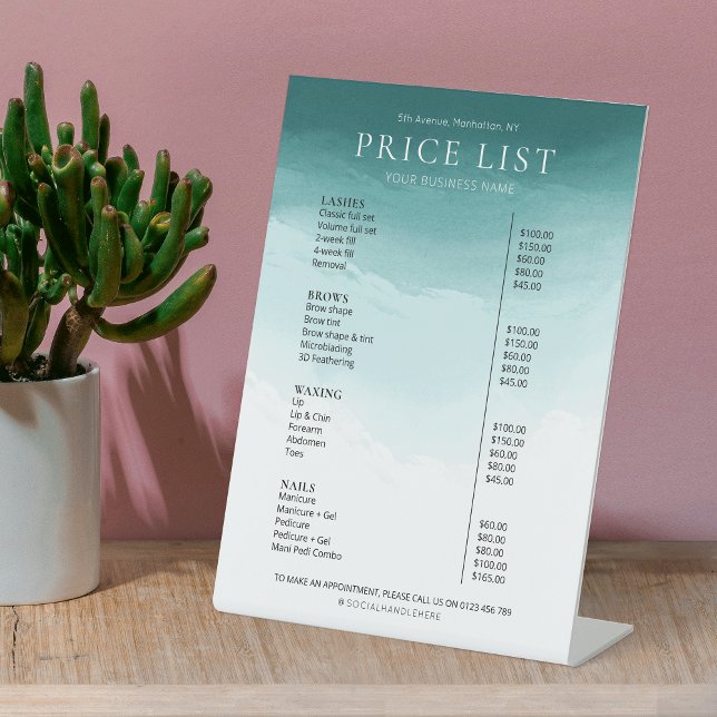 Preisliste für Aquamarine Business Salons in moder Sockelschild (Turquoise Teal Watercolor Price List Menu Sign For Business With Fully Editable Text)