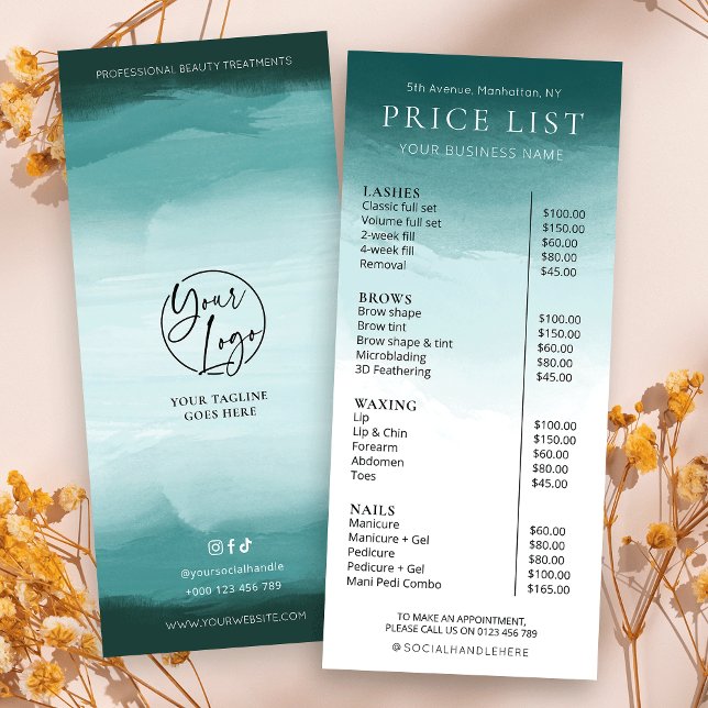 Preisliste für Aquamarine Business Salons in moder Werbekarte (Elegant turquoise watercolor business services price list menu with fully editable text & your logo)