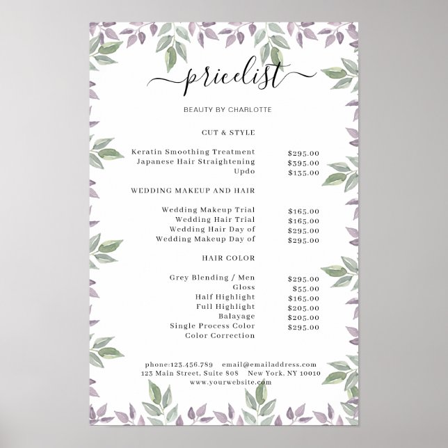 Preisliste für botanische Salons Poster (Vorne)