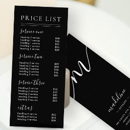Preisliste für Chic Black Script Typografy Service Werbekarte