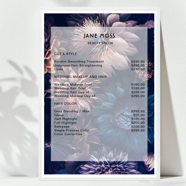 Preisliste für den modernen Blumensalon Poster ( 
Modern Floral Boho Salon Price List Poster)